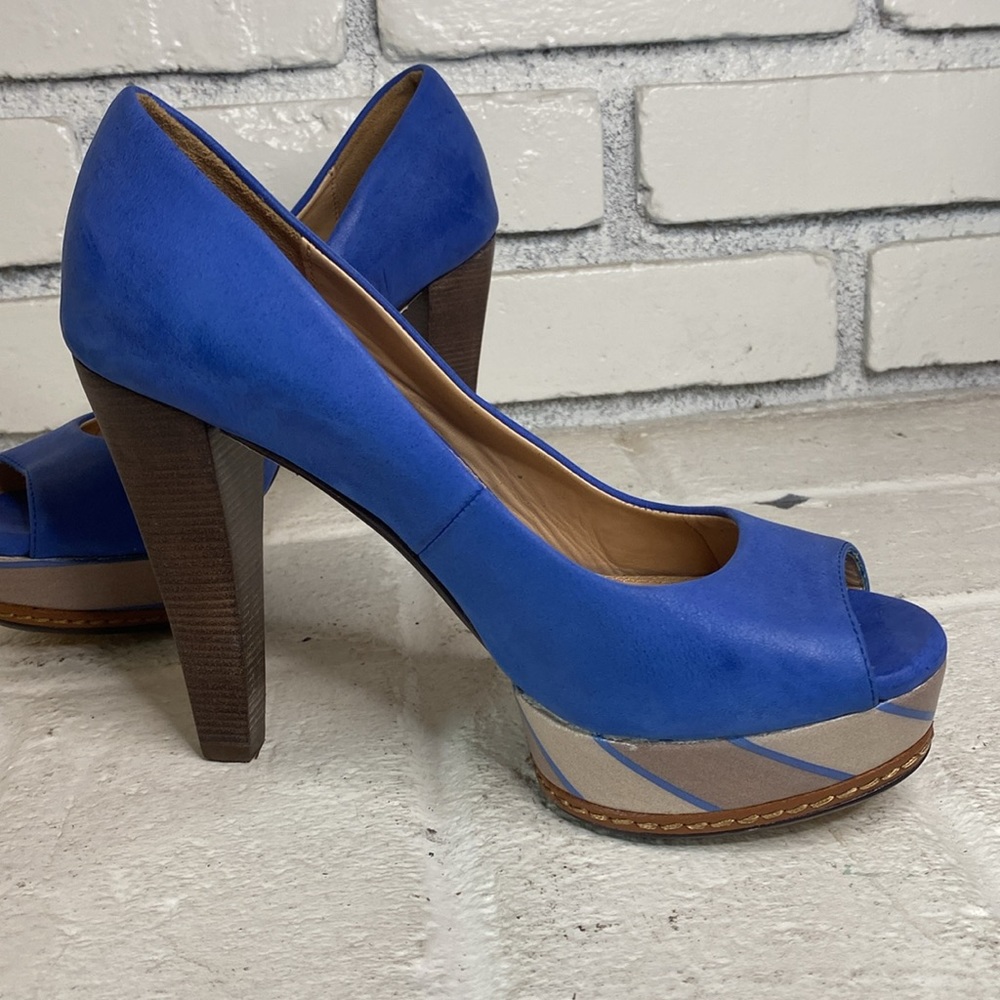 Ella Moss designer blue beige and brown high heel stiletto peep toe - Picture 4 of 6